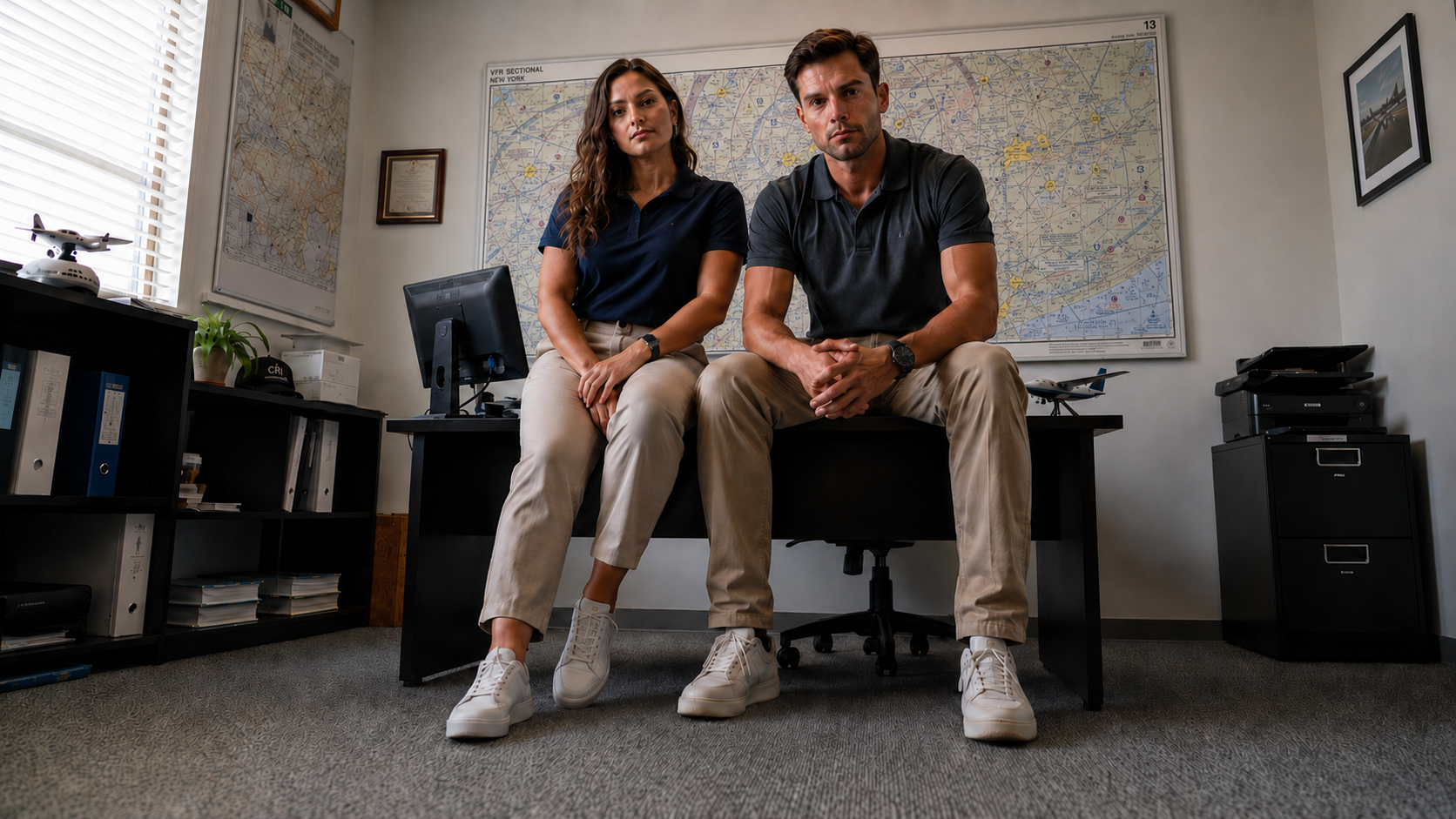Two CFI instructors seated in a flight school office