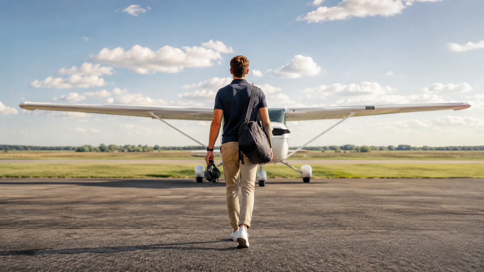 Pilot walking toward a Cessna on the tarmac
